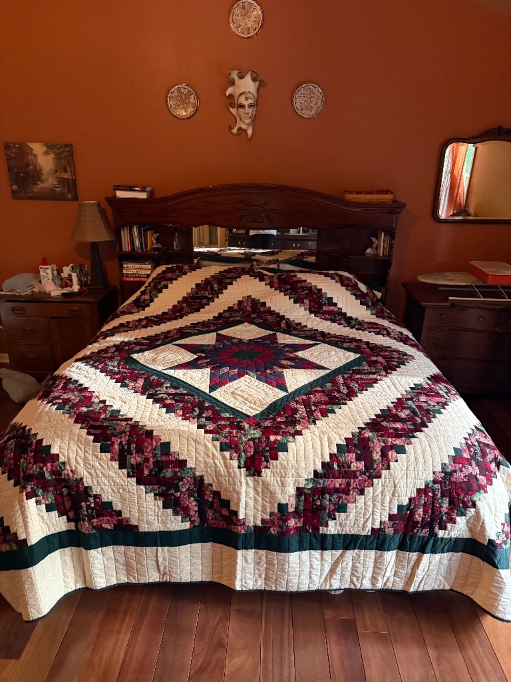 Vintage Handmade Lone Star Log Cabin Patchwork Quilt Queen Burgundy Hunter Green